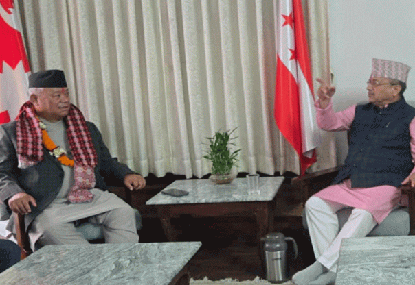 नेपाली कांग्रेस संसदीय दलका नेता भीष्मराज आङ्देम्बे र पूर्णबहादुर खड्काबीच भेटवार्ता